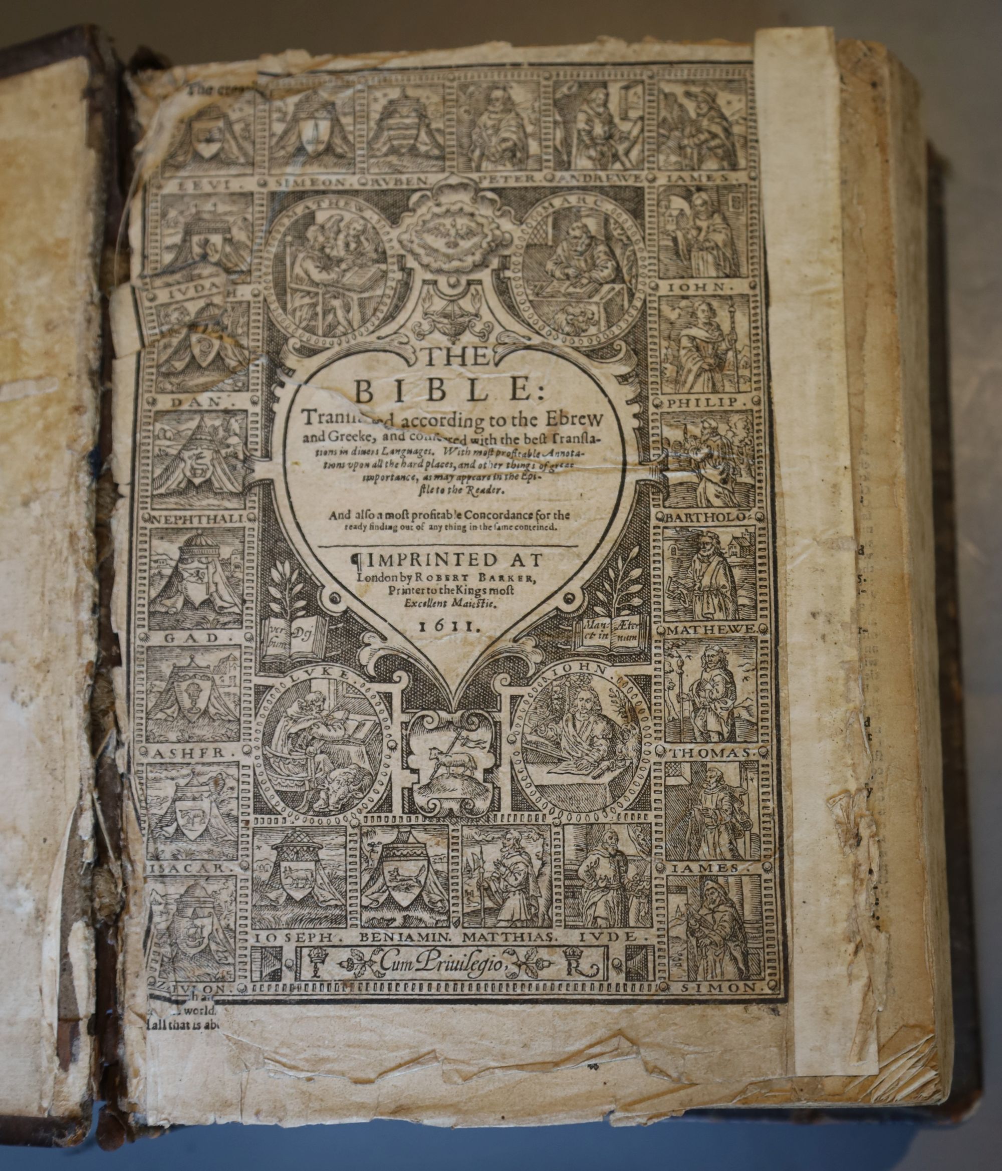 Bible in English - Bible, Robert Barker London 1611. general title page, detached, torn, edges ragged, fore-edge margin strengthened, p